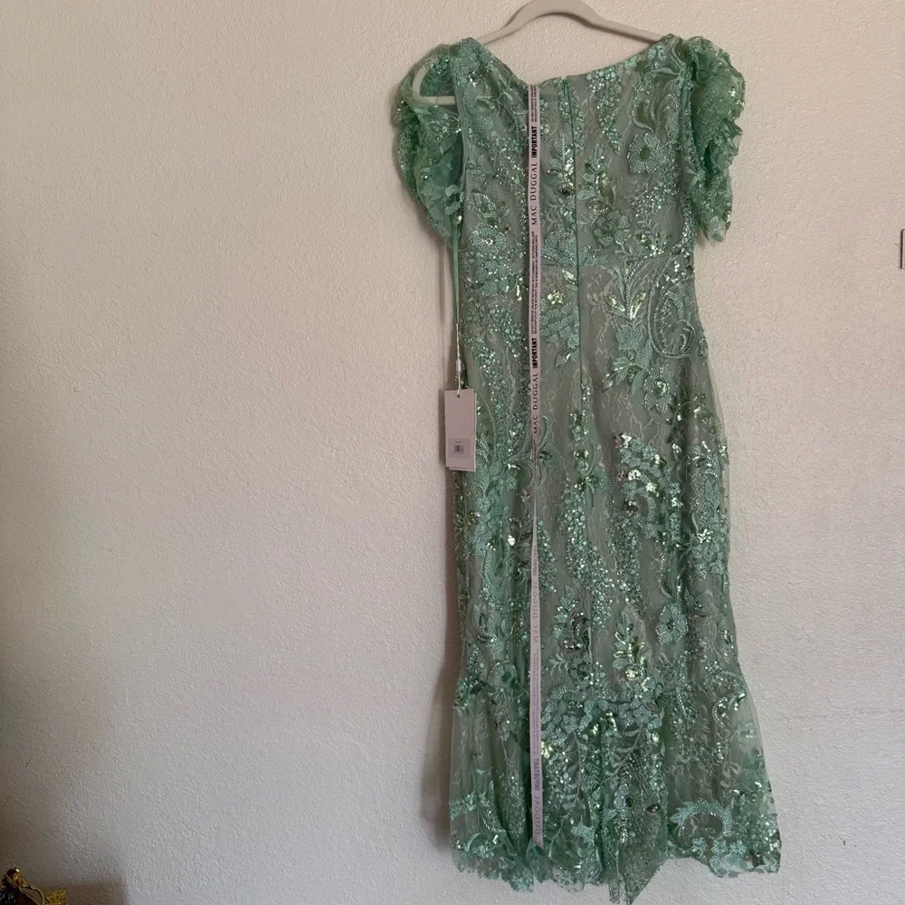 Mac Duggal Size 8 Mint Green 68266 Puff Sleeve V-Neck Embellished Midi Dress New - Picture 4 of 15